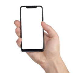 Touch screen smartphone, in a hand. isolate white background