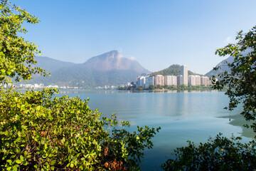 Cityscape of Rio de Janeiro, with the Lagoa, building facades and the corcovado mountain, Brazil - 393956582
