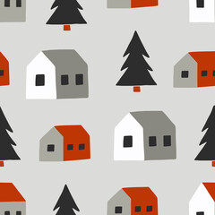 Seamless Scandinavian pattern with hand drawn houses and Christmas trees. Vector illustration