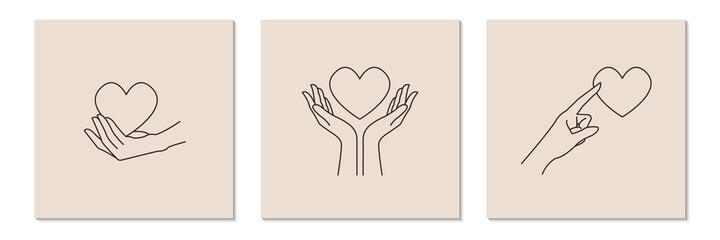 Logo design template with woman's hand holding heart. Line art minimalism style. Vector illustration