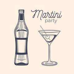 Martini bottle, martini glass with olive. Martini party. Vintage vector engraving illustration for web, poster, invitation to party. Hand drawn design element isolated on background.