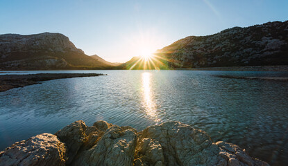 Landscape at sunset in Cuber Majorca. Sunset on a mountain lake. "Serra de tramuntana"