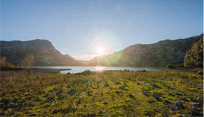 Landscape at sunset in Cuber Majorca. Sunset on a mountain lake. "Serra de tramuntana"