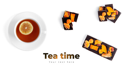 Tea and raw chocolate on a white background. Long header banner format. Panorama website header...