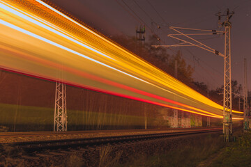 Light trails from a train, railroad tracks at night, Light Trails, Train, abstract, colorful
