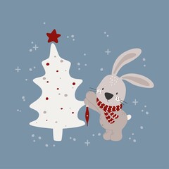 Merry Christmas and New Year greeting card. Christmas Clipart with cute bunny. Vector illustration.