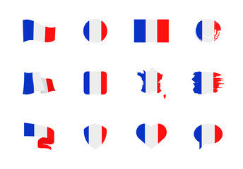 France flag - flat collection. Flags of different shaped twelve flat icons.