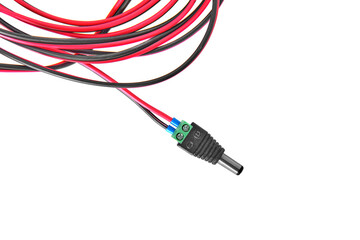 Wire with plug. Bunch copper electric wire isolated on white background.