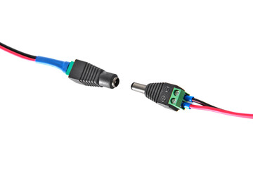 Wire with plug. Bunch copper electric wire isolated on white background.