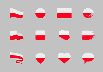 Poland flag - flat collection. Flags of different shaped twelve flat icons.