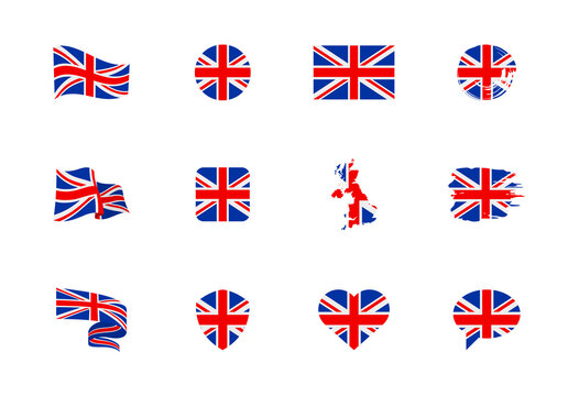 United Kingdom flag - flat collection. Flags of different shaped twelve flat icons.