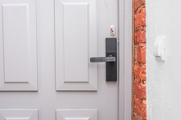Door to the house, door handle and switch, closeup