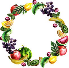 Fruit frame made of watermelon, orange slices, kiwi, juicy cherry, Apple, banana, grapes, tropical leaves.The watercolor frame can be used for juices, menus, postcards, banners, designs., textiles.