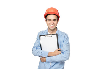 Smiling Builder in helmet holds notepad, isolated