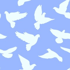 Seamless pattern with doves on a blue background. Vector illustration