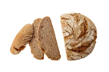 Foto auf Acrylglas Bäckerei Fresh baked cutting loaf of rye wheat bread isolated on white background