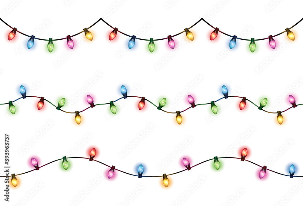 Canvas Prints vector set of realistic glowing colorful hanging christmas lights in seamless pattern on white backg
