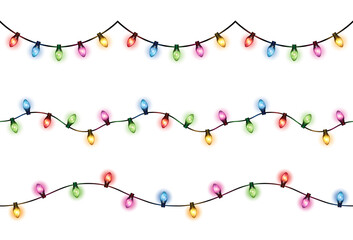 Vector set of realistic glowing colorful hanging christmas lights in seamless pattern on white background - 393963737