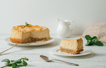 Delicious tangerine and mint cheesecake, homemade dessert.