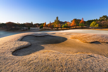 日本　早朝で朝霜の紅葉のゴルフ場のバンカーとレーキ