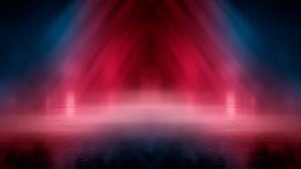 Fototapeten Futuristische Neonlandschaft einer Nachtstraße mit Neonlicht, das sich im Wasser widerspiegelt. Nasse Straße, rote und blaue Neonlichter. Urbane Neon-Abstraktion. Nasse Asphaltreflexionen der dunklen Straße von Strahlen. © MiaStendal