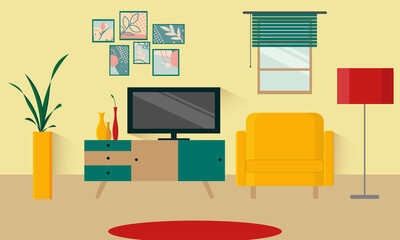 Living room interior in a retro style. Background of the living room in an apartment or house. TV stand, chair, lamp with shade, vase with flowers, window, carpet. Vector flat illustration.