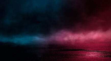 Neon futuristic landscape of a night street with neon light reflected in the water. Wet street, red and blue neon lights. Urban neon abstraction. Dark street wet asphalt reflections of rays.