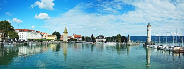 Fototapeta na wymiar Germany-panoramic view of the entrance to the port of Lindau at Lake Constance