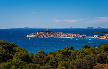 Town of Primosten dalmatian town on rock view, Dalmatia, Croatia. September 2020