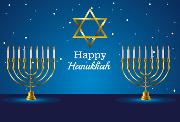 happy hanukkah celebration card with star and chandeliers