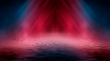 Neon futuristic landscape of a night street with neon light reflected in the water. Wet street, red and blue neon lights. Urban neon abstraction. Dark street wet asphalt reflections of rays.