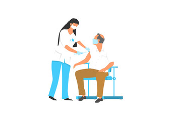 The nurse vaccinates the man in the doctor's office. The concept of health protection through preventive vaccinations. Flat vector illustration.