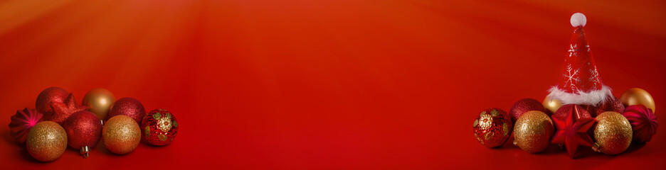 Christmas, New Year red background web banner with Christmas balls. Idea, concept, design.