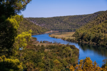 Aerial view of The Krka river in The Krka National park, Croatia. September 2020