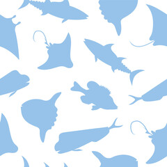 Fish seamless pattern. Vector color blue image background.