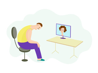 Online consultation. Man with problems and woman psychotherapist. Color vector illustration.