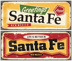 Obraz premium Santa Fe New Mexico vintage metal greeting cards template. Retro travel souvenir idea. Vector illustration with USA cities and places.