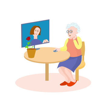 Grandmother and adult daughter and grandson are talking with Internet connection. Vector cartoon image. 