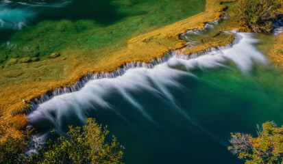 Aerial Photo of Krka waterfalls in the Krka National Park in autumn, Croatia. September 2020