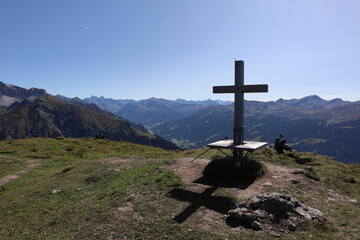 Luzein, Kanton Graubuenden (GR)/ Switzerland - September 21 2019: At the summit of mountain called "Chruez" in Switzerland, Region Praettigau, Graubuenden