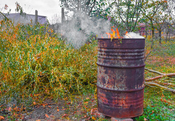 Autumn activity in garden, burning leaves, branches and dry grass in a old rusty barrel. Air pollution from farmers in the countryside