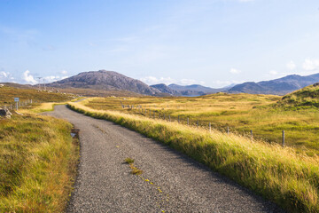 Fototapeta na wymiar A single track road on the Isle of Harris, Outer Hebrides, Scotland, UK