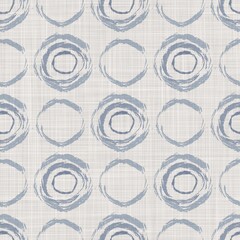 Seamless french farmhouse dotty linen pattern. Provence blue white woven texture. Shabby chic style decorative circle dot fabric background. Textile rustic all over print