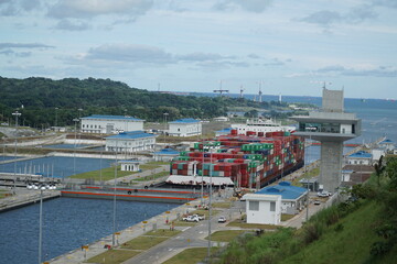 Gatun / Panama - October 19 2016: New sliding locks in the Panama canal - Clear Water sluices...