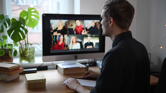Work from home in video conference call. Morning coffee while working with remote team. Virtual meeting and teamwork from kitchen. New normal business telework. Computer office chat people screen