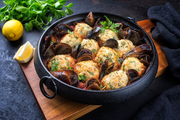 Traditional Norwegian fish ball fiskeboller with fish and mussels in red wine sauce as close-up in a modern design pot