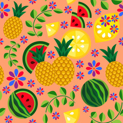 Appetizing seamless fruit pattern of pineapples, watermelons, lemons, twigs and flowers on a warm pink background.Vector graphics for design and decoration. 