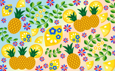 Abstract stylish fruit pattern of pineapples, lemons, lemon slices, green twigs, flowers on a multicolored light background.Vector graphics for design and decoration.