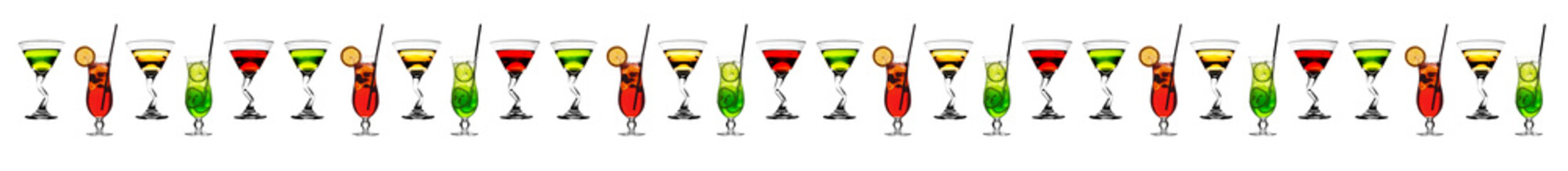 Set of multi-colored cocktails on a white background isolated background. Seamless pattern. Original packaging design