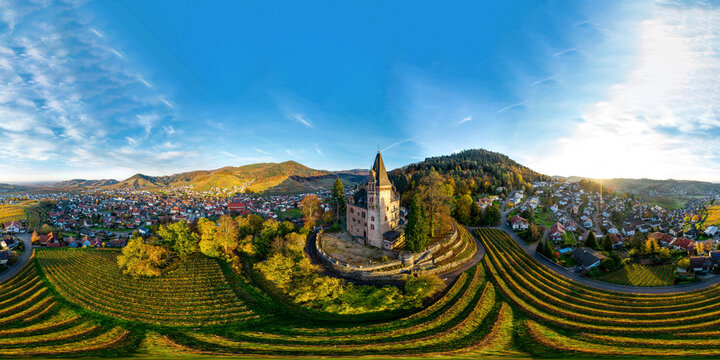 Colorful landscape 360-degree panoramic aerial view of little village Kappelrodeck in Black Forest mountains. Beautiful medieval castle Burg Rodeck.